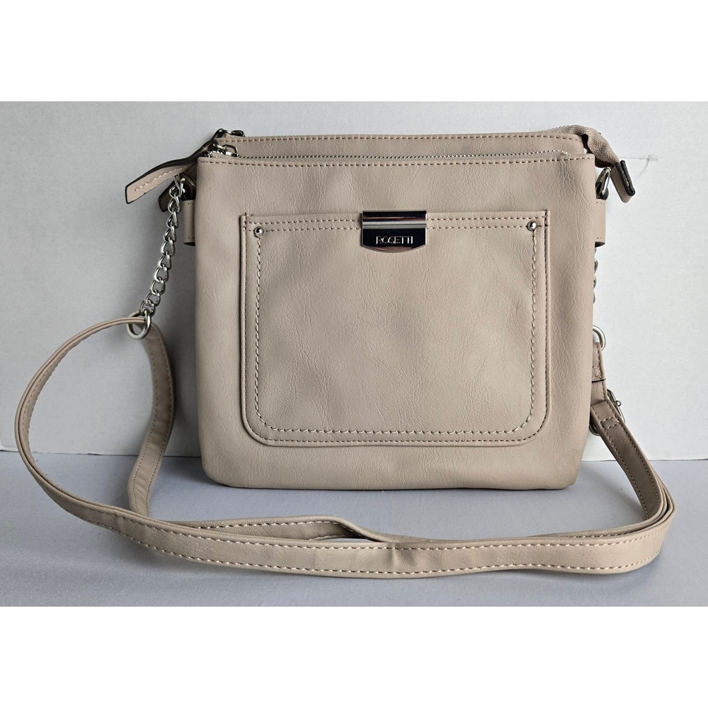 Rosetti Taupe Beige Faux Leather Triple Compartment Crossbody Bag